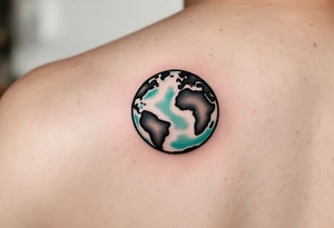 A small, minimalist Earth outlined in black with a hint of aqua and lime shading sits behind the ear. tattoo idea