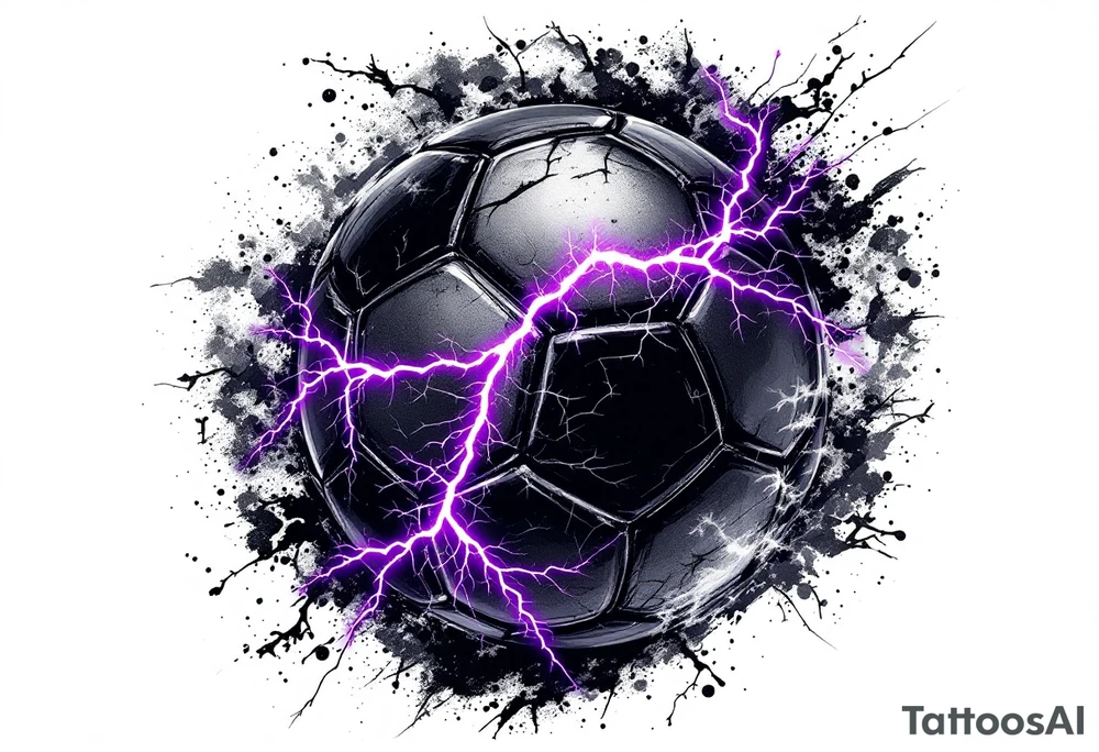 A black soccer ball with purple lightning bolts cracking across its surface. tattoo idea