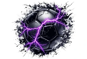 A black soccer ball with purple lightning bolts cracking across its surface. tattoo idea