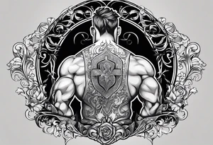 An aesthetic tattoo that is placed on the upper back of a male. It should represent catholic religion, discipline, pain, bodybuilding. tattoo idea