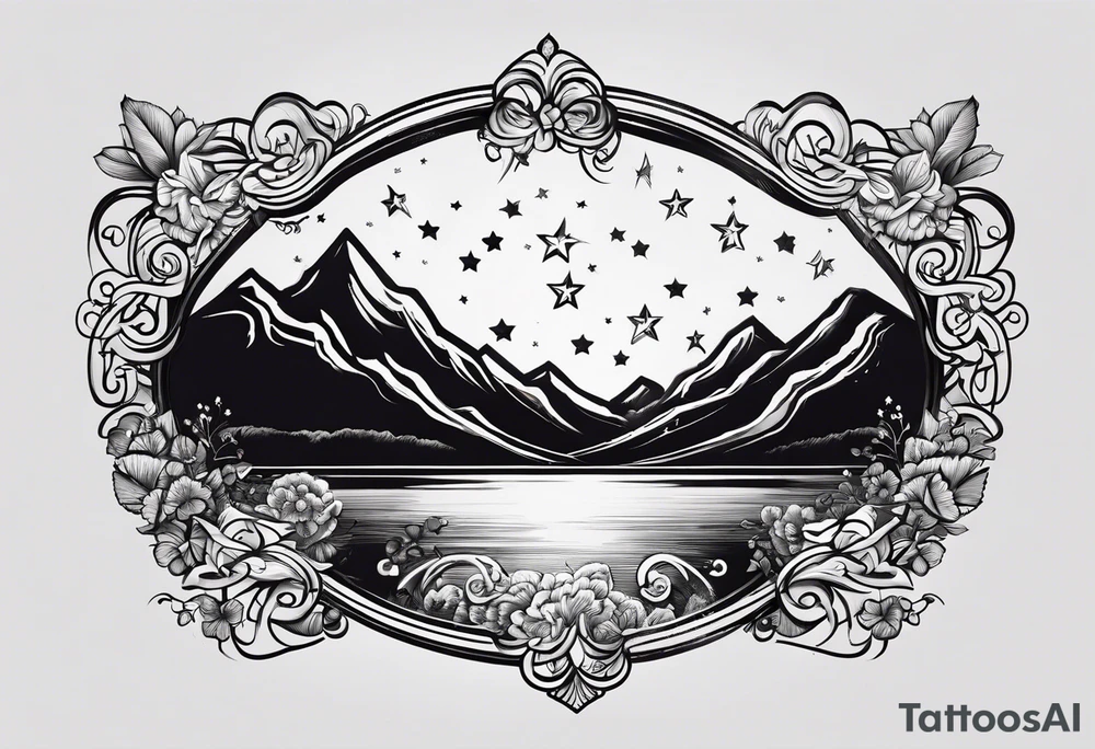 CARLISLE spelled out in cursive with cloud shading behind it and two stars with the initials TC and EC in each of them. tattoo idea