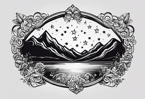 CARLISLE spelled out in cursive with cloud shading behind it and two stars with the initials TC and EC in each of them. tattoo idea