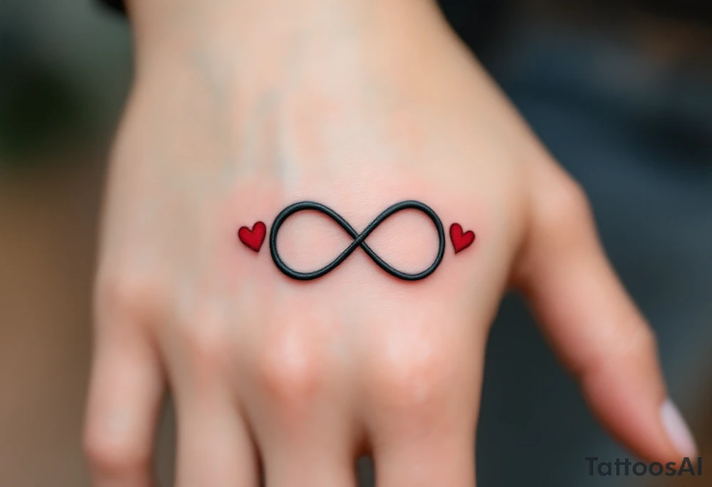 A bold black infinity sign entwined with two matching red hearts at each loop end. tattoo idea