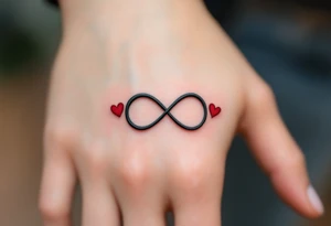 A bold black infinity sign entwined with two matching red hearts at each loop end. tattoo idea
