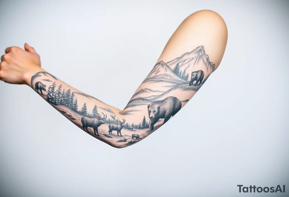 A full-sleeve with the Härjedalen landscape, reindeer, bear, lakes, mountains (Helags), tattoo idea
