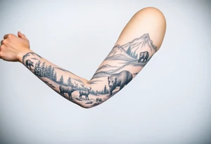 A full-sleeve with the Härjedalen landscape, reindeer, bear, lakes, mountains (Helags), tattoo idea