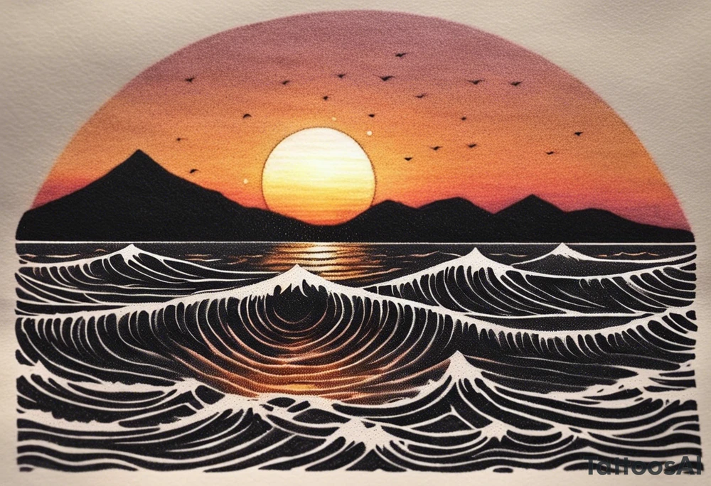 This tattoo needs to be incredibly simple and minimal. It's a sunset from the perspective of being on a boat on the ocean. The waves are very calm and there is no land in site. There are slight reflections of the sun on the water. The tattoo will be in landscape orientation. Mostly black with small splashes of color from the sun. There are no other objects in the tattoo besides the sun, water, and maybe some clouds and a bird or two, tattoo idea