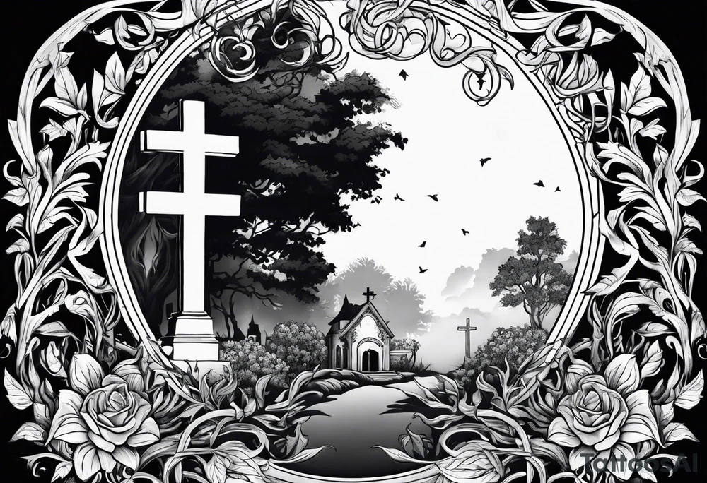 Leafy vines with grave yard tattoo idea