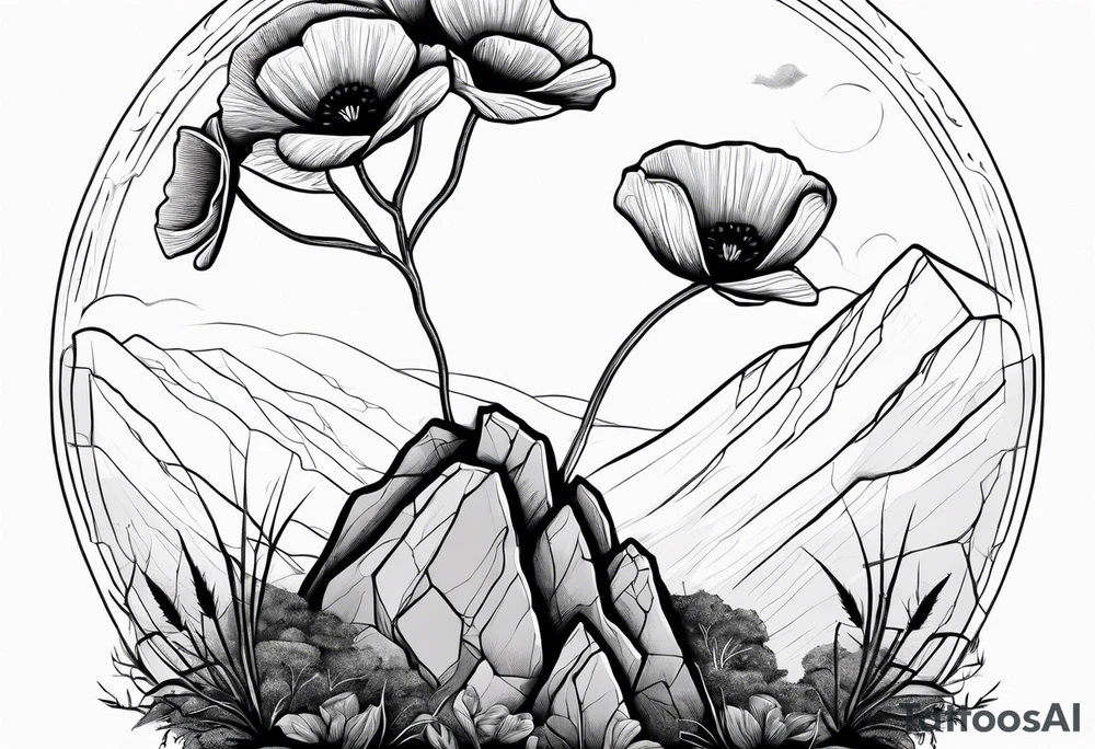 Lone  poppy growing out of boulder with roots enveloping rock tattoo idea