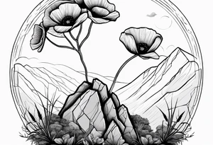 Lone  poppy growing out of boulder with roots enveloping rock tattoo idea