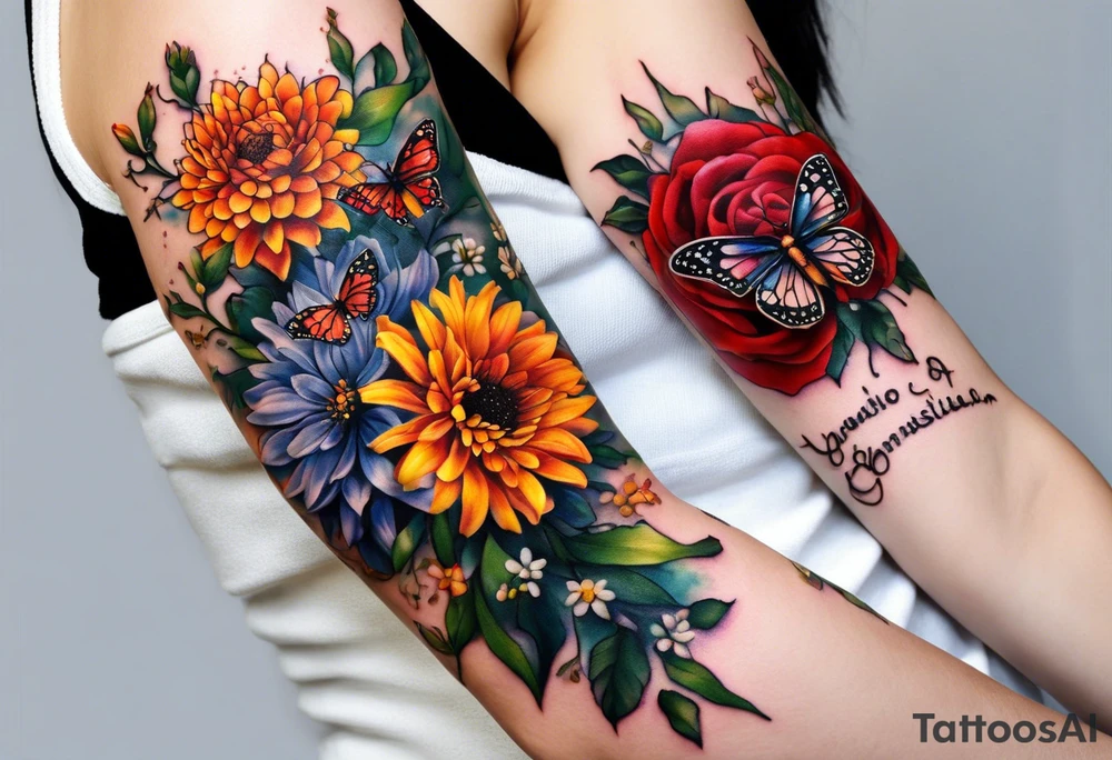 please make a Gemini constellation made of roses, Sagittarius constellation made from Chrysanthemum flowers, Virgo constellation made of Aster flowers, Taurus constellation made from Lily of the Valley flowers all tied together in an arm sleeve tattoo with 4 realistic lady bugs scattered throughout, one realistic butterfly, one realistic cassette tape with the following written on it for song list: #1 "you are my sunshine-3:15"
#2 "3 little birds-12:14"
#3 "twinkle twinkle little star-6:25"
#4 "ABC's-12:00"
Also include a polaroid picture of a realistic view of "the tree of life" symbol with the following coordinates written on the bottom:
61.2547° N, 149.6932° W
61.2547° N, 149.6932° W
43.6355° N, 84.2608° W
42.278046°N, -83.738220W

Also include a realistic skull tied in to the flowers and back ground tattoo idea