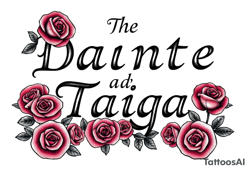 The names "Dante" and "Taiga" surrounded by roses tattoo idea