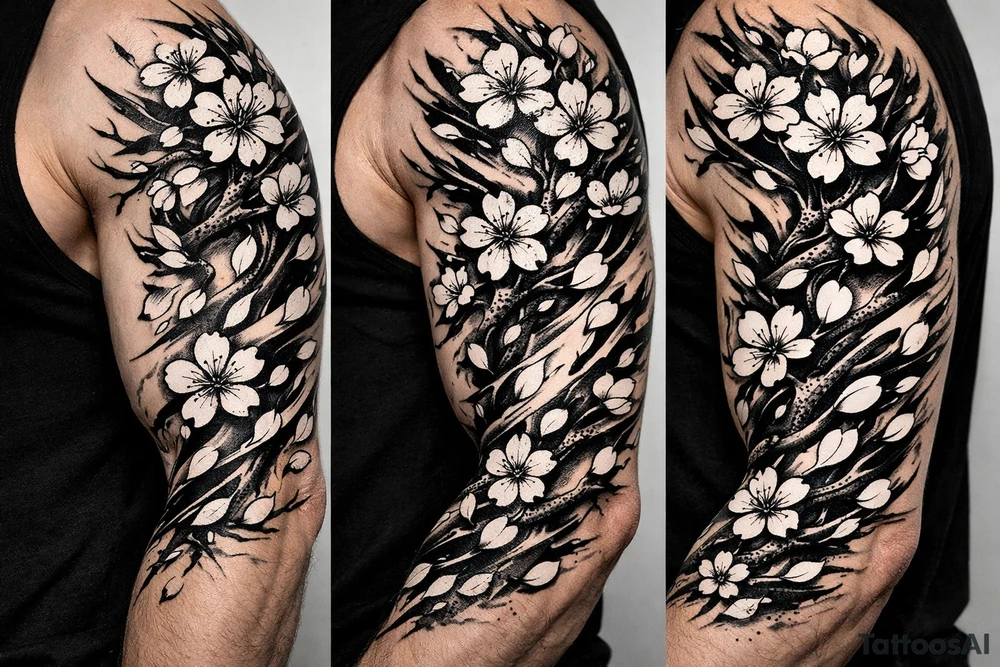 delicate cherry blossoms swirling in spring breeze with petals tattoo idea
