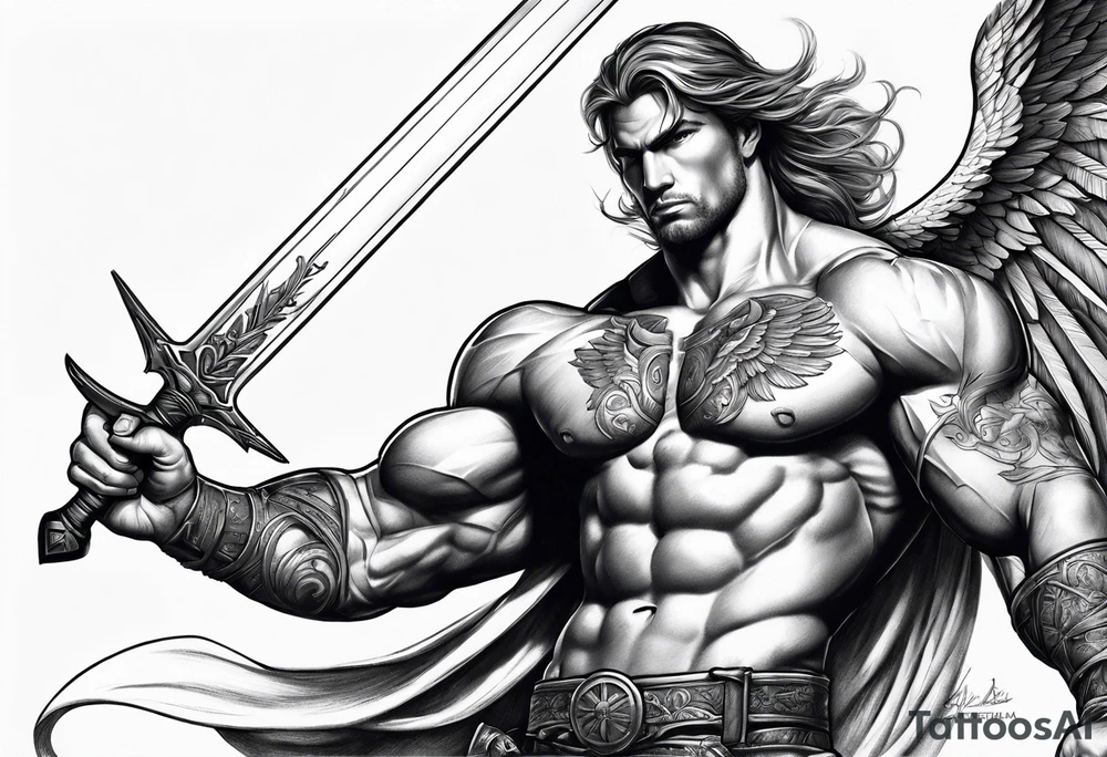 Micheal arc angel huntched over pulling sword super muscular tattoo idea