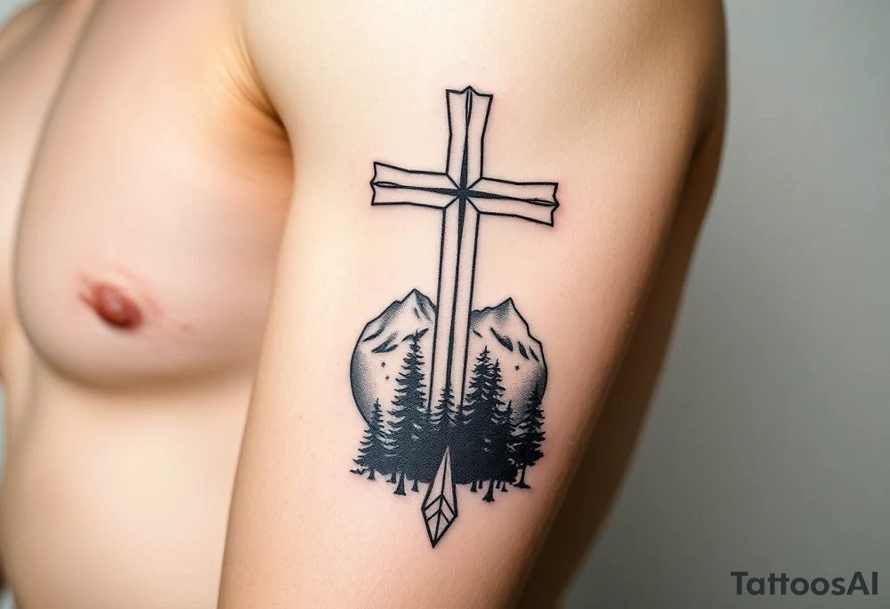 russian orthodox cross with the diagonal line at the bottom with a light forrest with a light mountainous setting tattoo idea