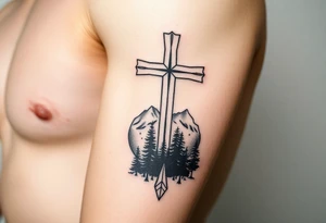 russian orthodox cross with the diagonal line at the bottom with a light forrest with a light mountainous setting tattoo idea