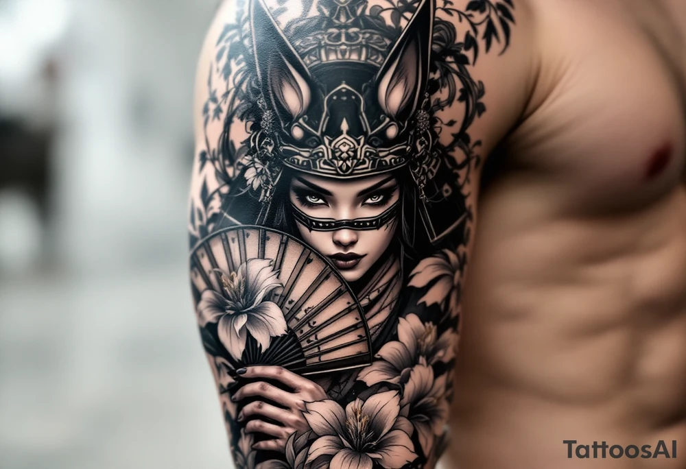 japanese samurai woman wearing a kitsune half-mask and  holding a fan with irises flowers tattoo idea