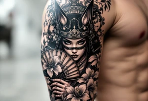 japanese samurai woman wearing a kitsune half-mask and  holding a fan with irises flowers tattoo idea