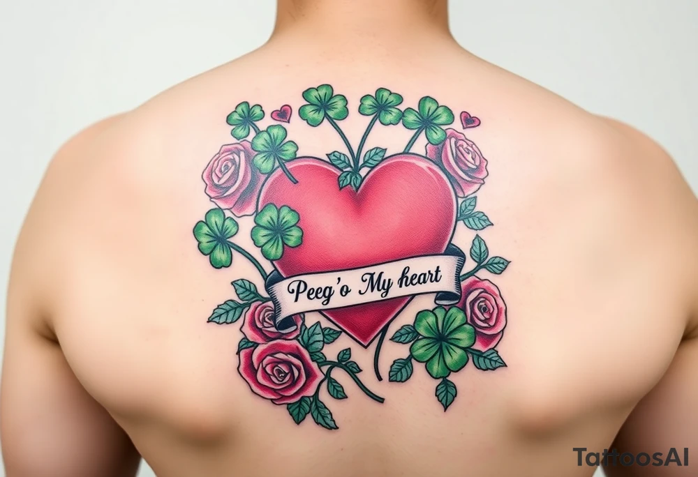 A lot of green shamrocks & red roses with a big Pink heart and a banner across the heart that says Peg 'o My Heart tattoo idea