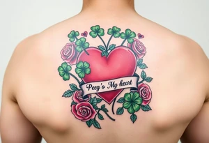 A lot of green shamrocks & red roses with a big Pink heart and a banner across the heart that says Peg 'o My Heart tattoo idea