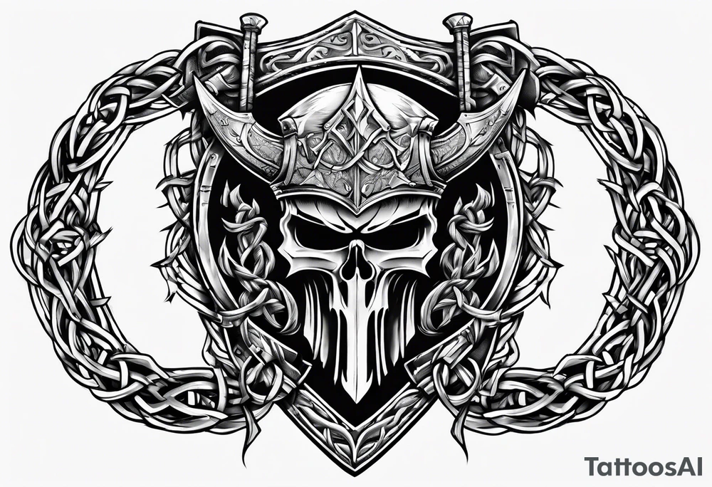 Valhalla sword shield axe barbed wire chain tattoo idea