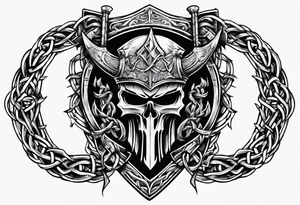 Valhalla sword shield axe barbed wire chain tattoo idea