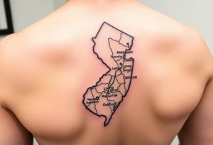 NJ shore map with Middletown Township, Long Branch, Asbury Park and Oakhurst tagged in tattoo idea