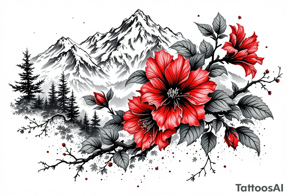 vertical wrist size red  and black rhododendron trippy with Himalayas behind tattoo idea