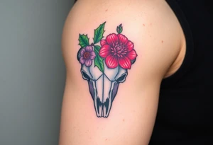Buffalo or bison skull with flowers.green holly with red berries, purple larkspur,  red peony. Colour. For upper arm or shoulder. Masculin. tattoo idea