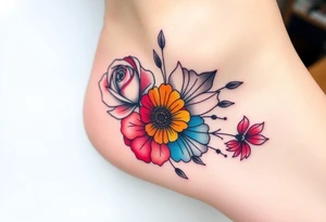 a watercolor tattoo with one rose, one lily, one marigold, and one cosmos flower. Half of it should be black and white and it should transition into rainbow tattoo idea