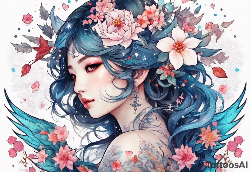 Constellation, wing , snow , cross , dragon female japan kawaii , flower tattoo idea