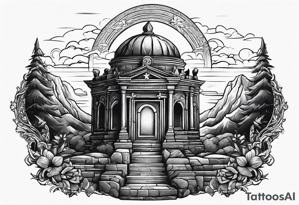 Tomb with cross and sun in the background tattoo idea