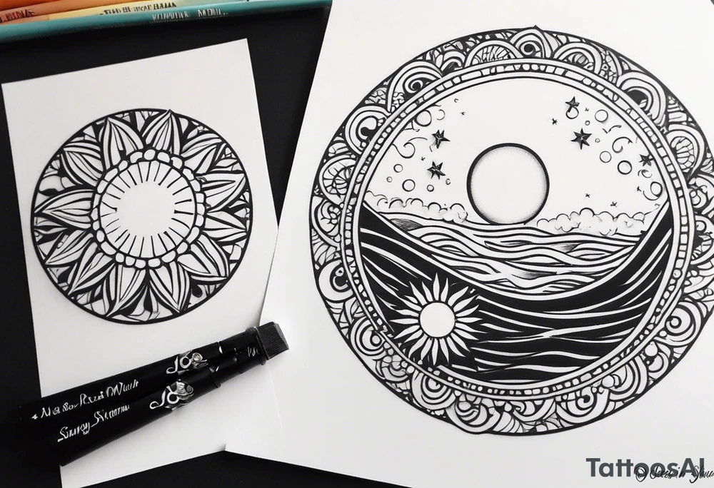 my sister's name Nėja and my mum's name Jūratė, I want to make a tattoo for them, I want to illustrate my sister as sun and my mum as ocean (wave or sea). My sister is very happy and always sunshine, my mum is strong and loves ocean. Made it in a circle. sun should radiate happy energy, ocean strong energy tattoo idea