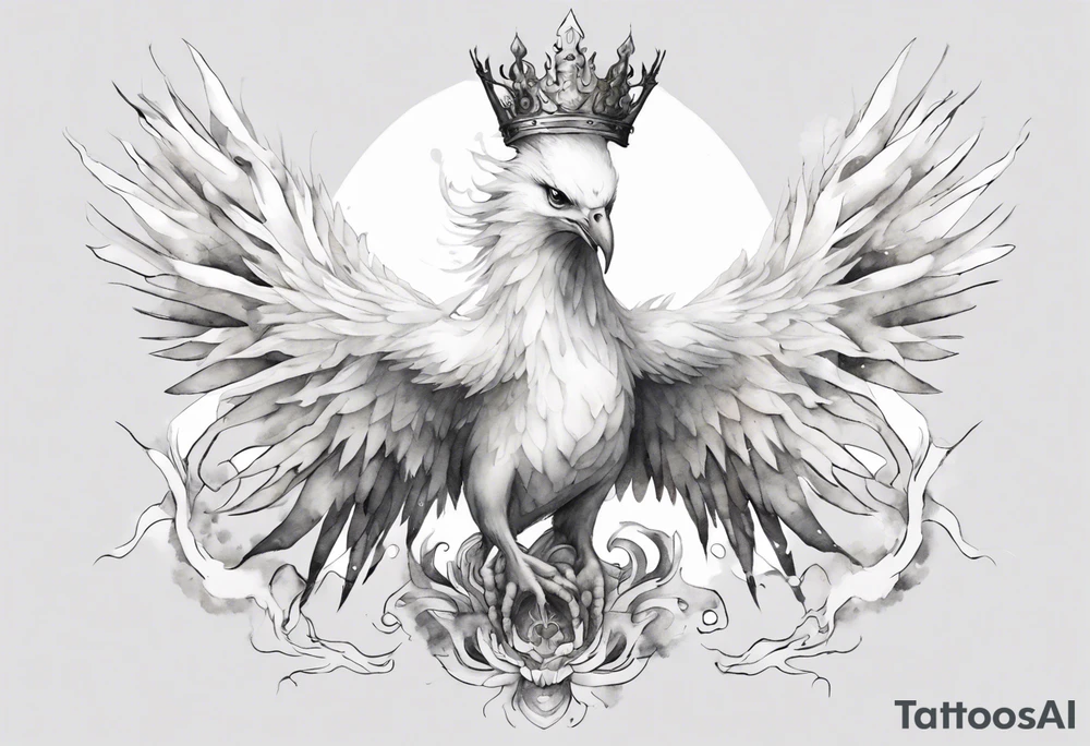 a white phoenix wearing an iron crown tattoo idea