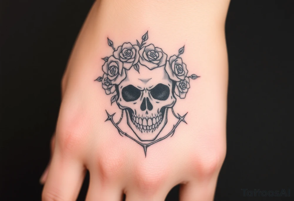 ornate skull adorned with crown of wild roses and thorns tattoo idea