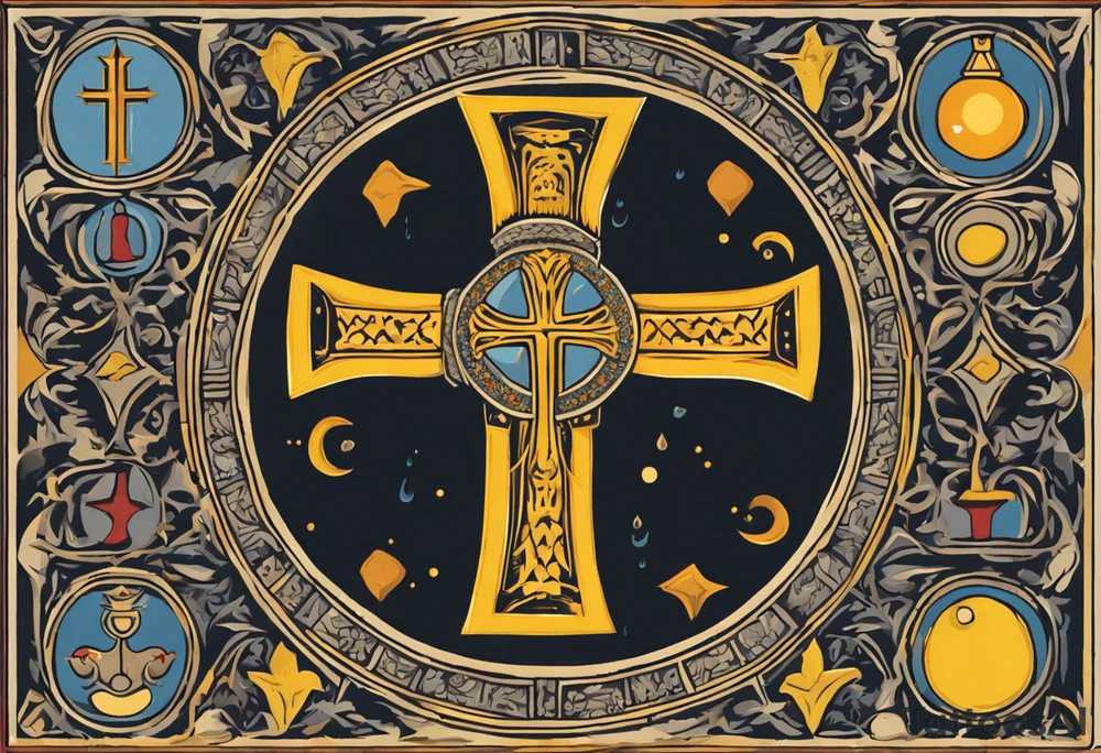 A medieval cross with an assyrian flag in the middle. A crown om top of the cross. The assyrian king Sennacherib. A sun and a moon. A cloud with rain and thunder. charizard. an imperfect cirkle. a candle. a swan. lemons. the god asshur with wings. an ankh. angel wings with a halo. surrounded by olive branches and feathers. all black and white. no shadowing. tattoo idea