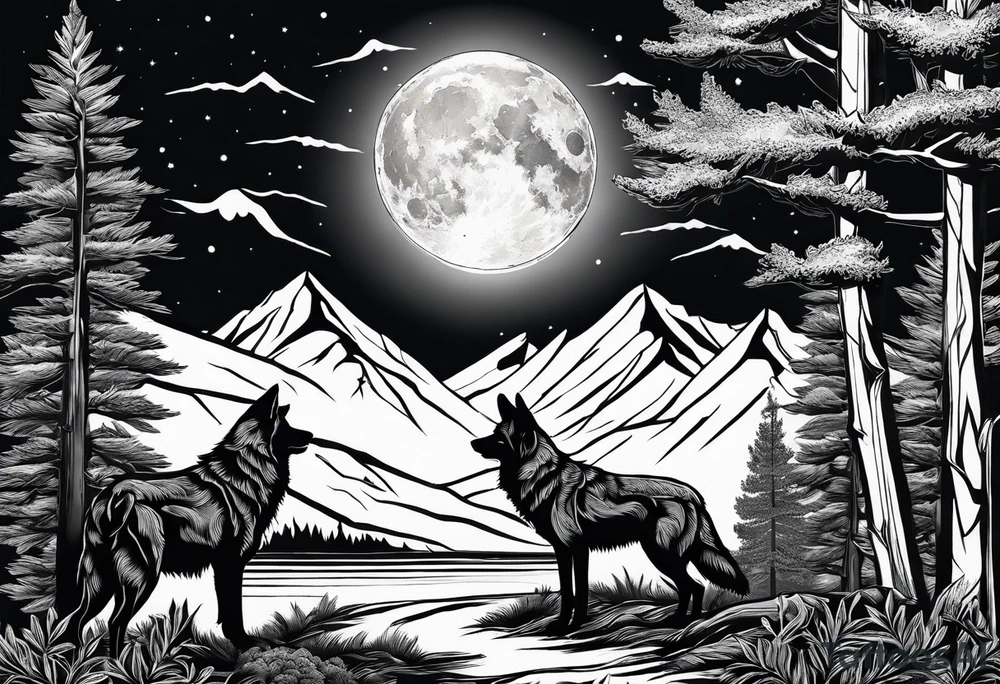 Mountain peaks
Two wolves
Moon
Dark woods
Trail tattoo idea Mountain peaks
Two wolves
Moon
Dark woods
Trail tattoo idea