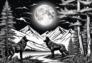 Mountain peaks
Two wolves
Moon
Dark woods
Trail tattoo idea