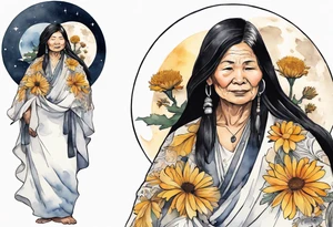 a beautiful 50-year-old Anishinaabe woman wearing black and white robes standing on the moon with a chrysanthemum tattoo idea