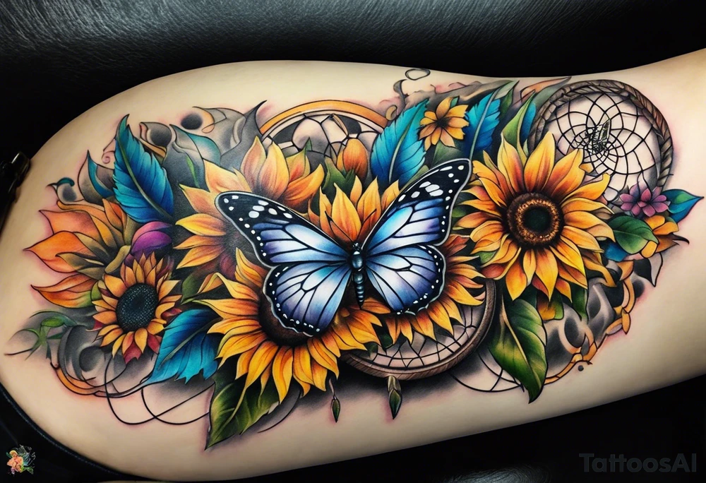 Leg sleeve with dreamcatcher, rainbow sunflowers and one butterfly tattoo idea