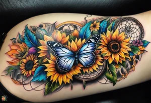 Leg sleeve with dreamcatcher, rainbow sunflowers and one butterfly tattoo idea