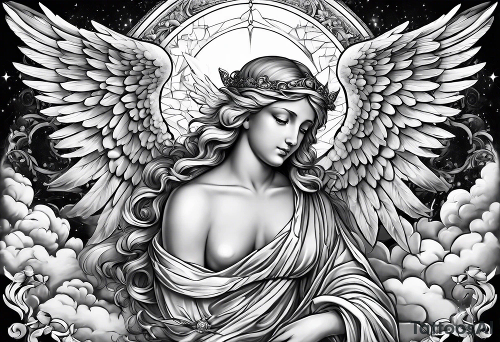 Religious sleeve angels clouds heaven tattoo idea