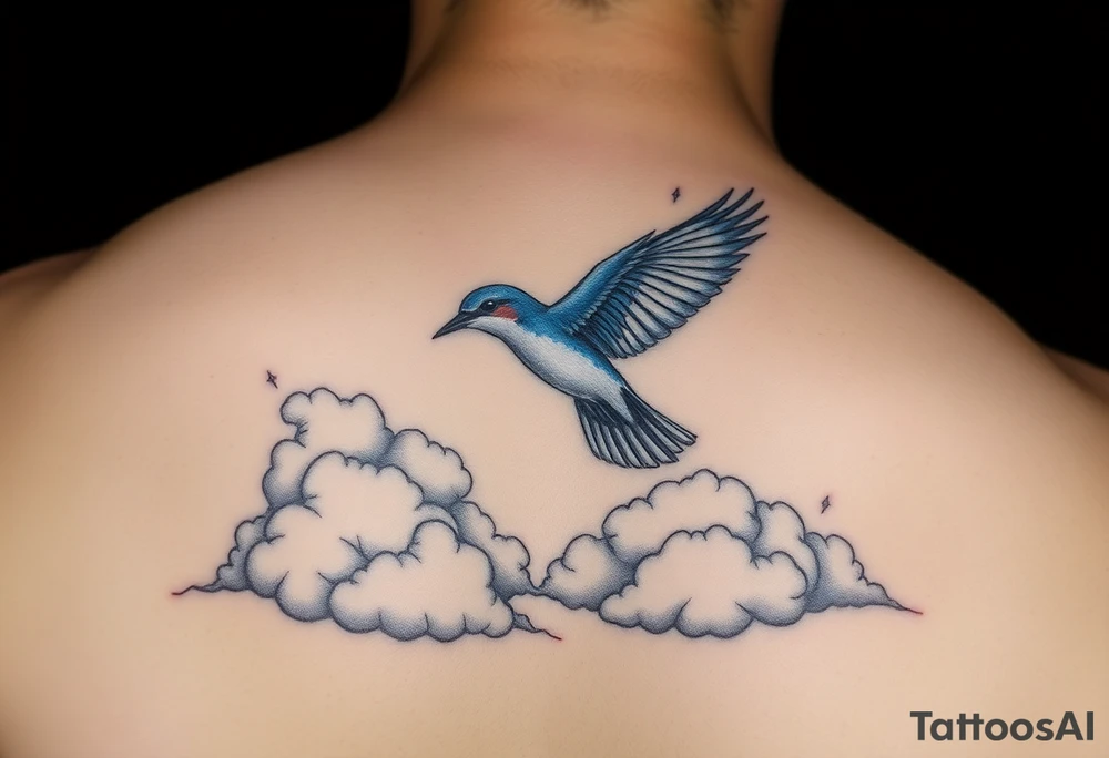 Bluebird flying out of storm clouds tattoo idea