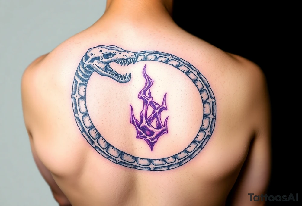 A skeletal Ouroboros snake forming cyrcle with silver bones and purple energy inside, representing death and rebirth. tattoo idea