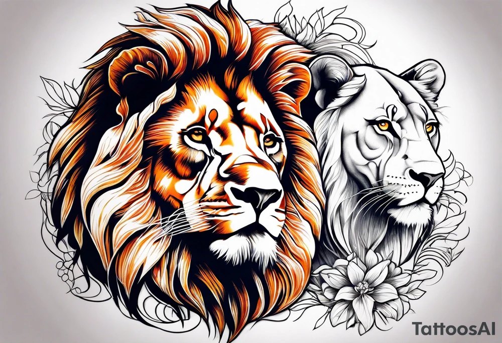 Realistic lion and lioness 
bonding tattoo idea