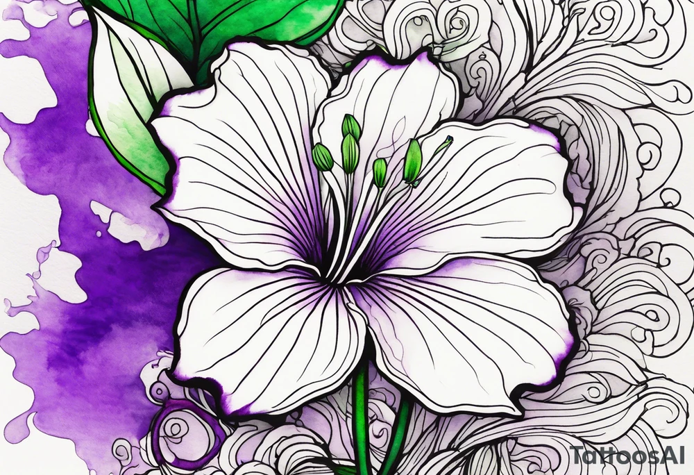 A mystical outline of a rio dipladenia flower with green/purple pedals and a green/purple watercolor splash in the background tattoo idea