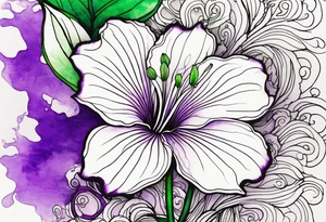 A mystical outline of a rio dipladenia flower with green/purple pedals and a green/purple watercolor splash in the background tattoo idea