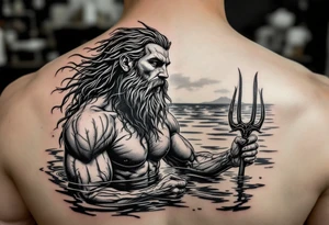 young, fit poseidon in calm water, holding a trident, holding a beer, looking at the horizon tattoo idea