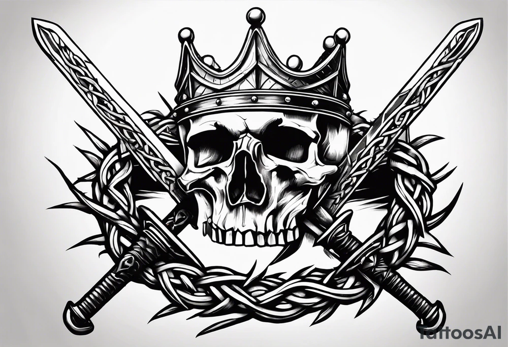 A simple design of a crown of thorns resting on the guard of a sword that is piercing a heart tattoo idea