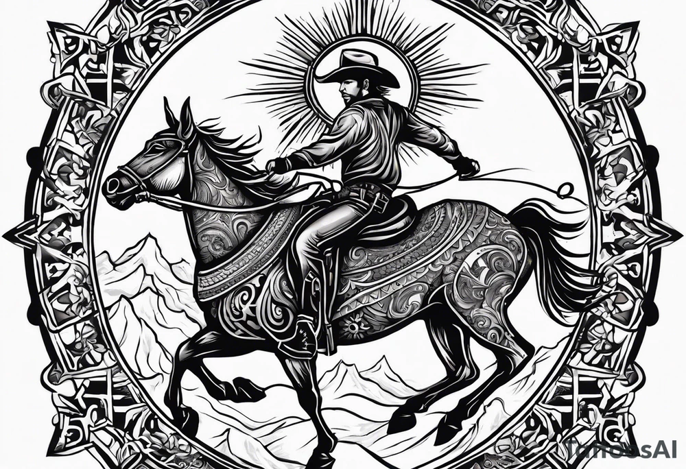 Cover up tribal sun located on right shoulder blade with a cowboy riding a bucking horse pictured inside a bull skull. Add lyrics “the devil can scrap, but the lord has won” tattoo idea